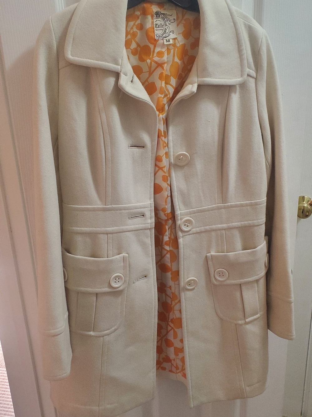 Cream Women's Button Front Coat with Orange Floral Lining